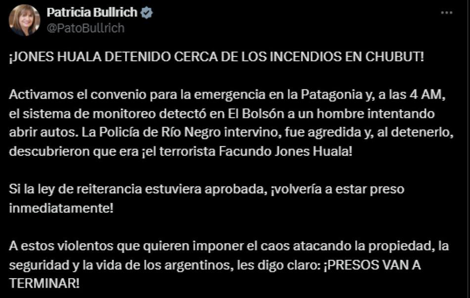 El mensaje de Patricia Bullrich tras la detención de Facundo Jones Huala. Foto: x PatriciaBullrich.