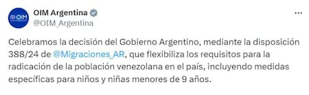 La Organización Internacional de Migraciones felicitó a Argentina por flexibilizar los trámites migratorios para venezolanos. Captura.