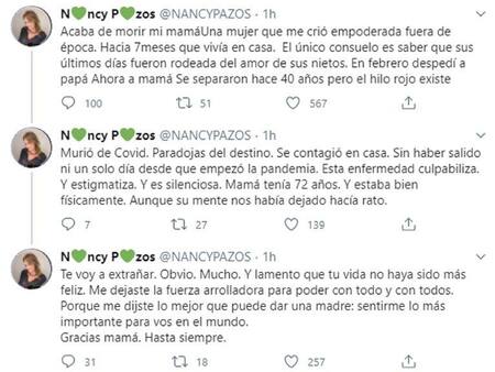 Nancy Pasos, mensajes por muerte de su madre, Twitter