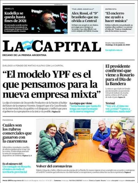 Tapa de diarios, La capital, domingo 14 de junio de 2020