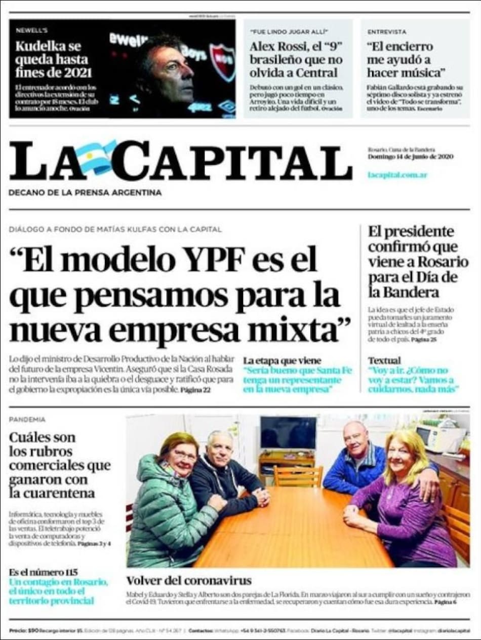 Tapa de diarios, La capital, domingo 14 de junio de 2020