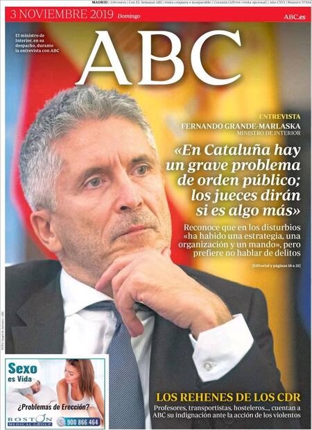 Tapas de diarios, ABC, domingo 3-11-19