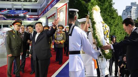 Los líderes de Corea del Norte y Corea del Sur en sus celebraciones. Foto: EFE