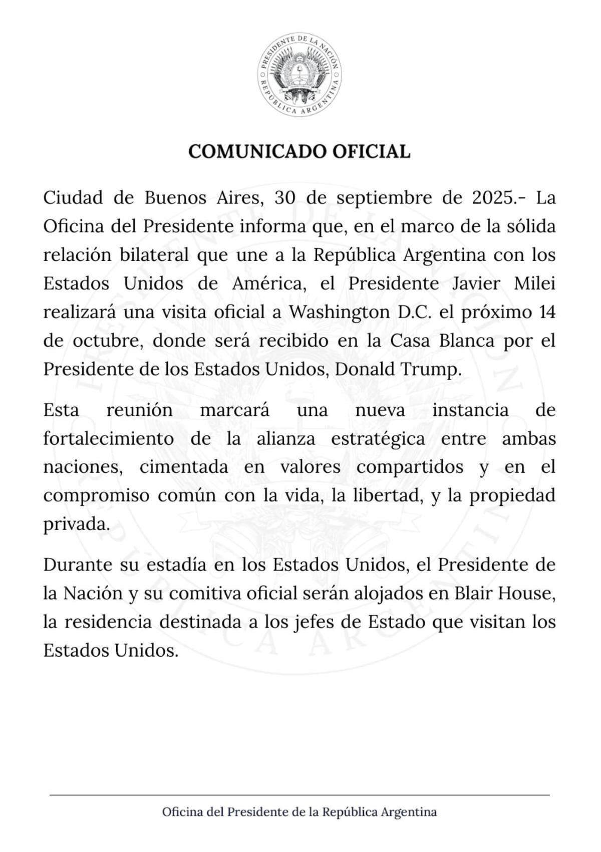 El comunicado de Cancillería sobre la reunión entre Donald Trump y Javier Milei.