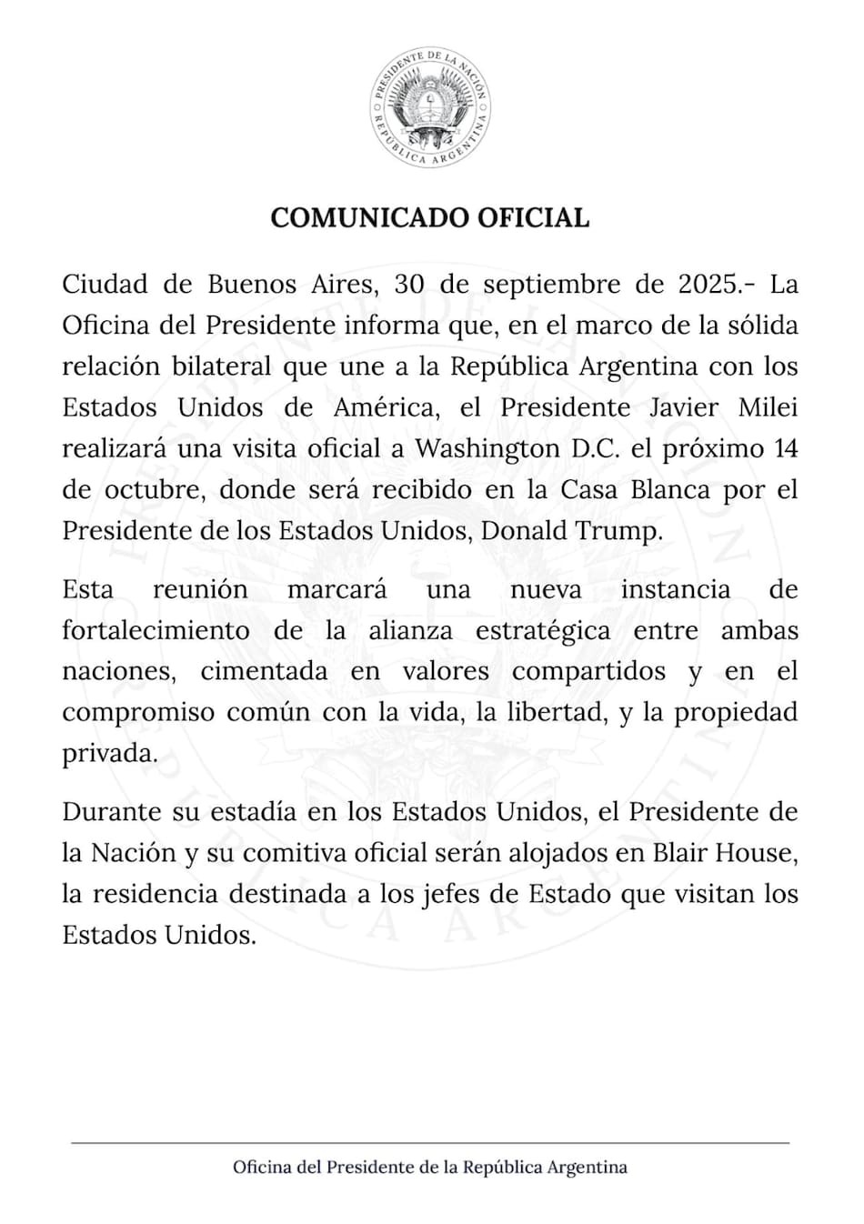 El comunicado de Cancillería sobre la reunión entre Donald Trump y Javier Milei.