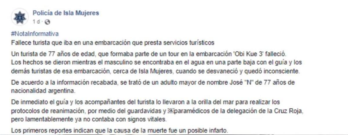 Comunicado Policía Isla Mujeres. Foto Facebook.