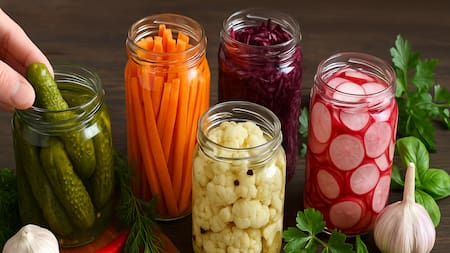 Aceitunas, pepinillos, altramuces y otros vegetales en conserva.