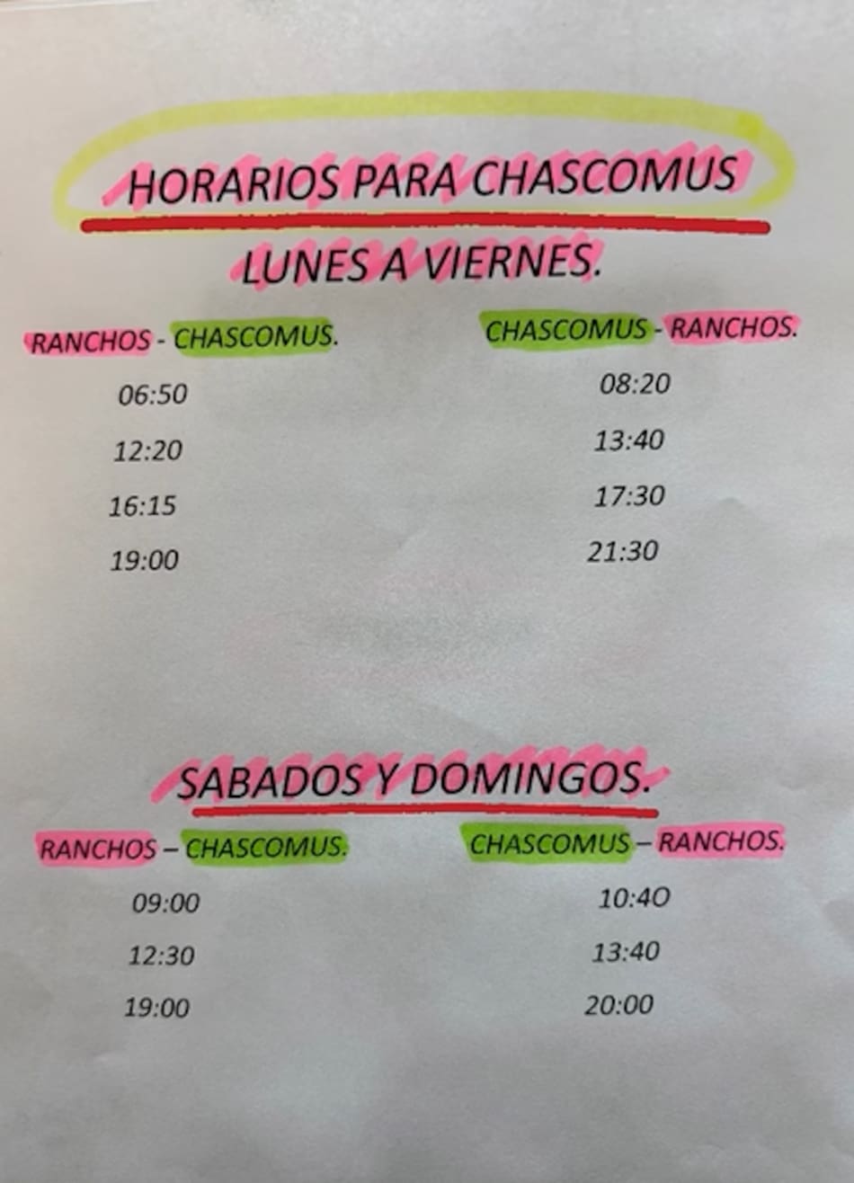 Los horarios del colectivo 381, que conecta Chascomús con Ranchos.