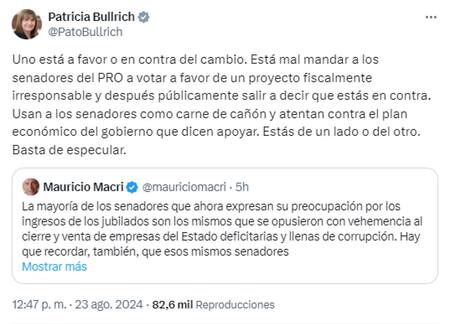 Patricia Bullrich le respondió a Mauricio Macri. Foto: X.