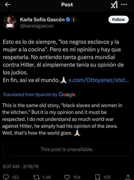 Los tuits de Karla Sofía Gascón. Foto: X @karsiagascon