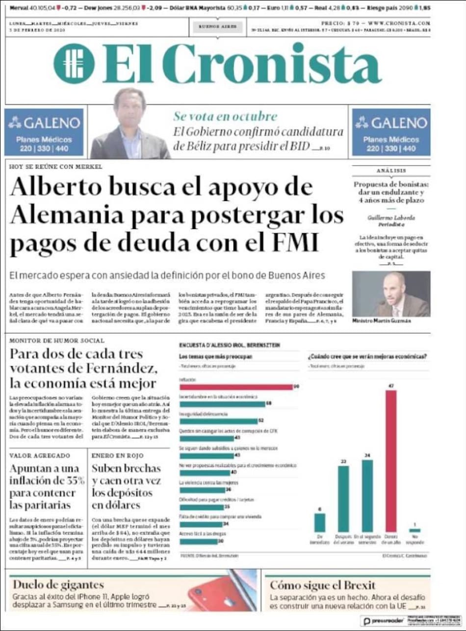 Tapas de diarios, lunes 3 de febrero de 2020, EL CRONISTA
