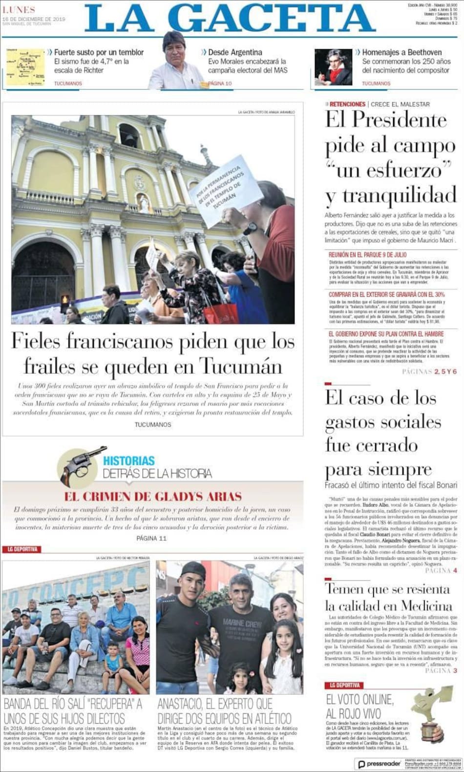 Tapas de diarios, La Gaceta lunes 16-12-19