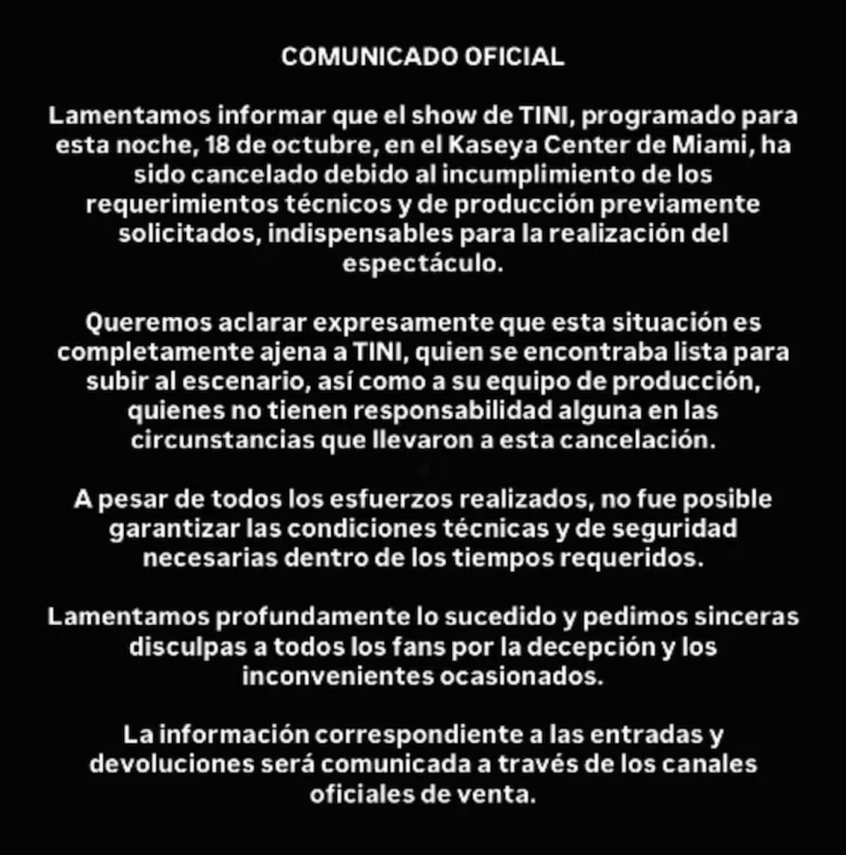 Suspendieron el show de Tini en Miami a último momento.