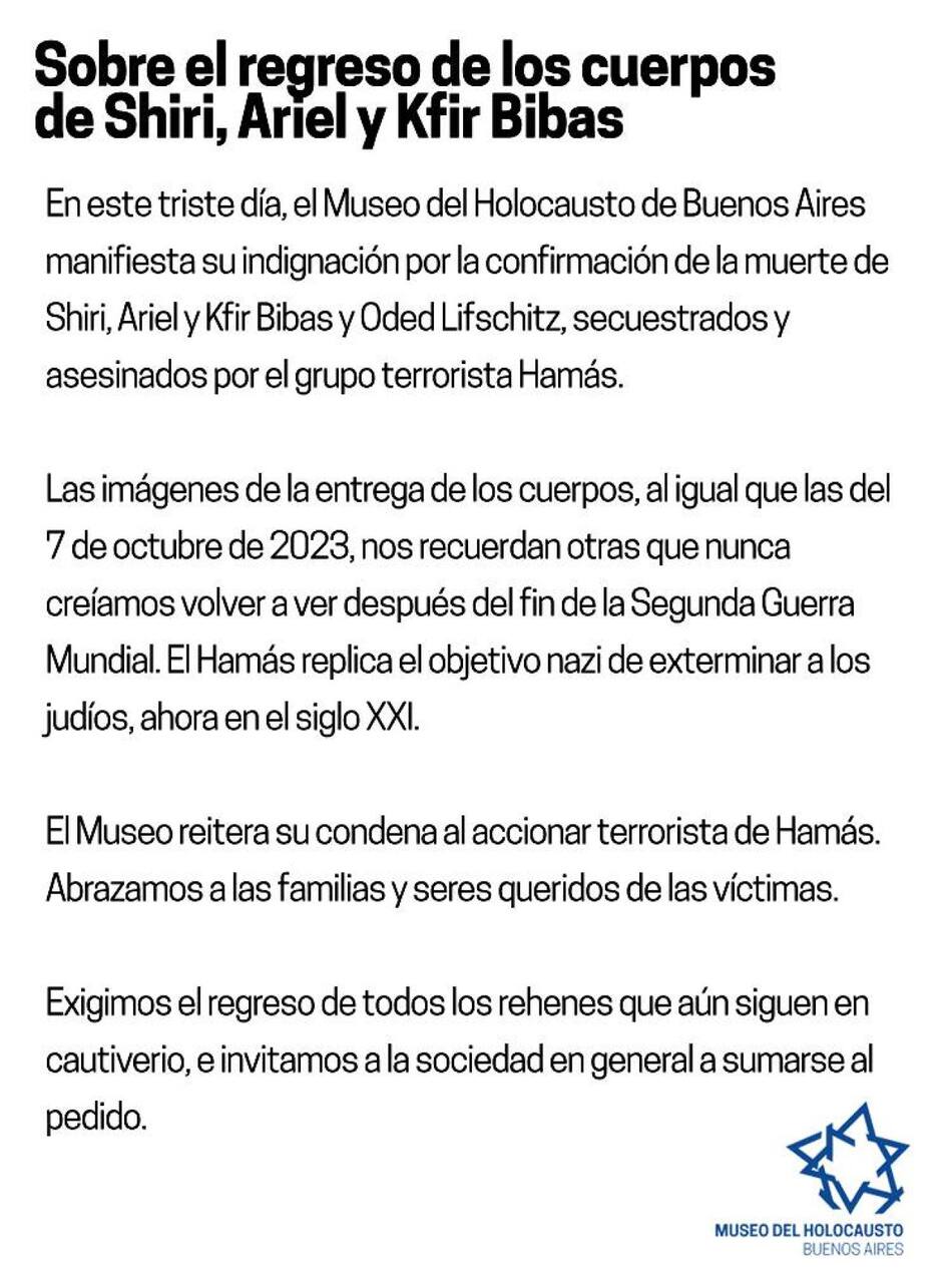 El mensaje del Museo del Holocausto sobre la entrega de los cuerpos de la familia Bibas. Foto: captura