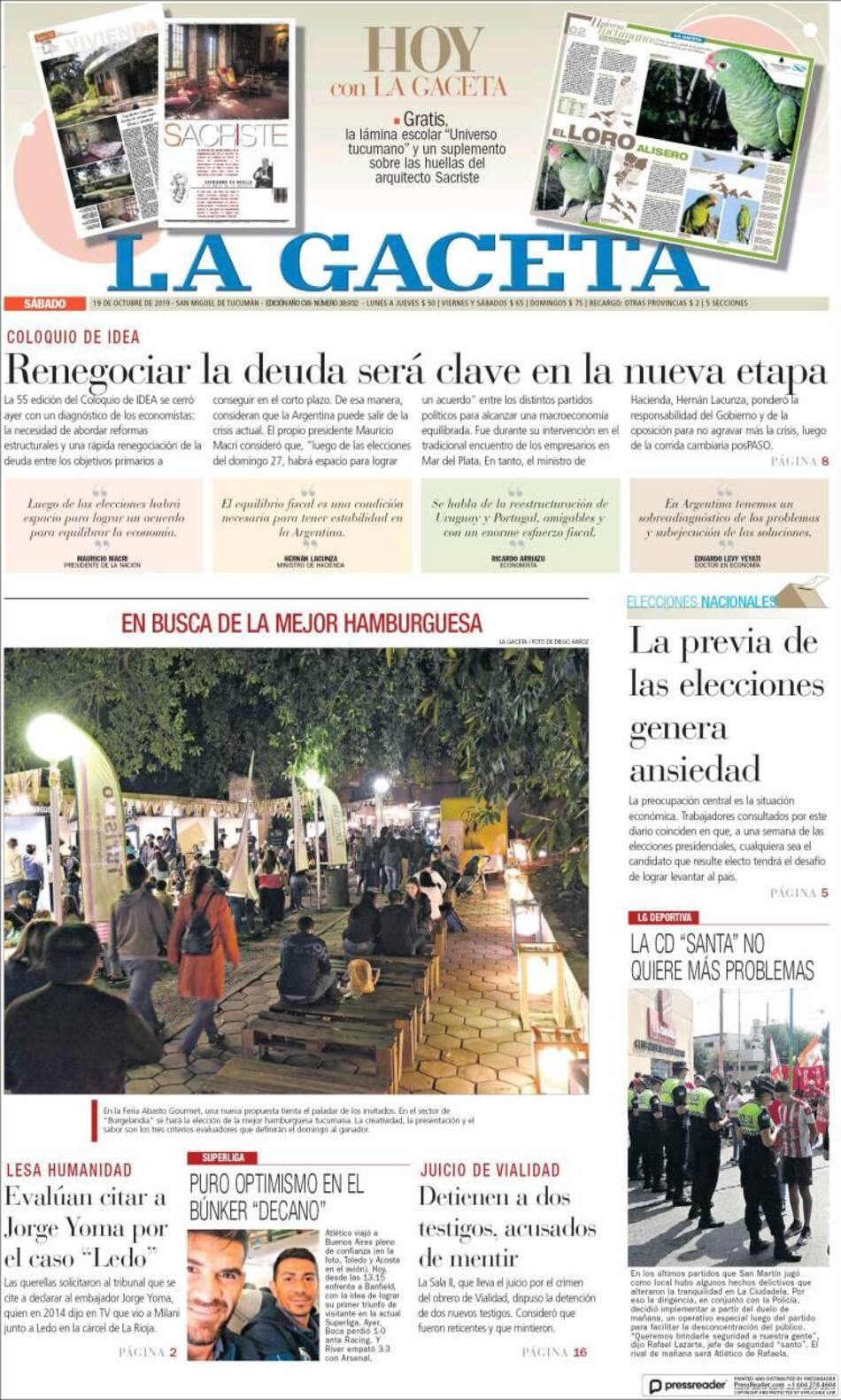 Tapas de diarios, La Gaceta, Sábado 19-10-19