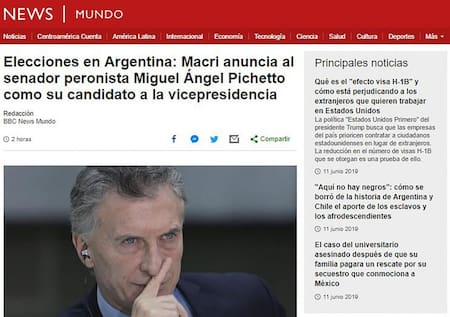 Reaccion de medios internacionales tras anuncio de Pichetto candidato a vice - Diarios
