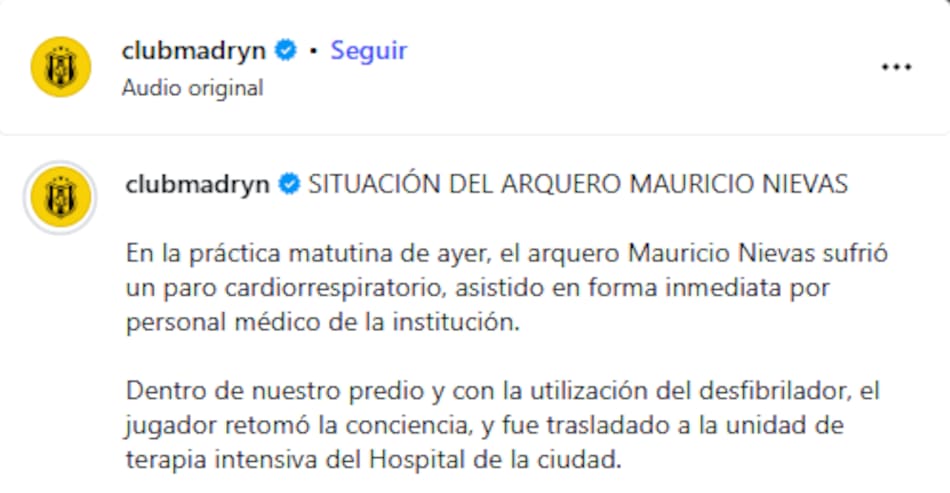 El comunicado de Deportivo Madryn sobre Mauricio Nievas.