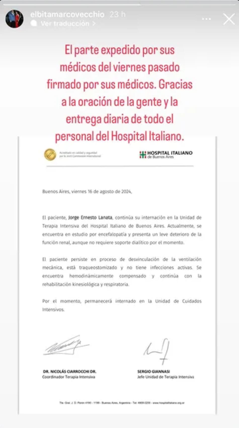 El parte médico difundido por la familia de Jorge Lanata. Foto: NA.