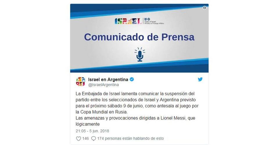 Partido contra Israel suspendido - Comunicado de Israel