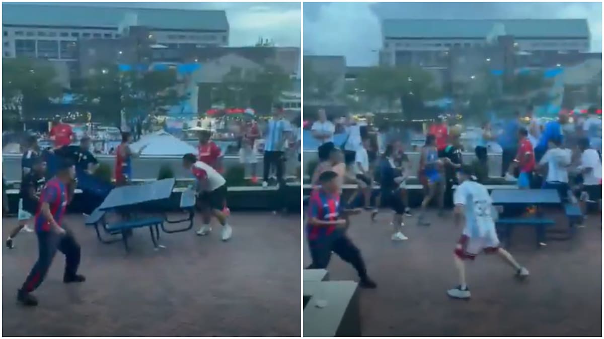 Pelea entre hinchas de San Lorenzo y Huracán en la previa al partido de la Selección Argentina.