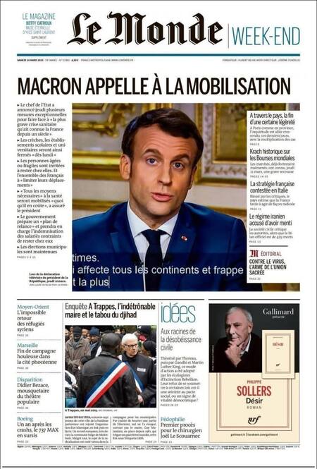 Tapa diarios, Le Monde, sábado 14 de marzo de 2020