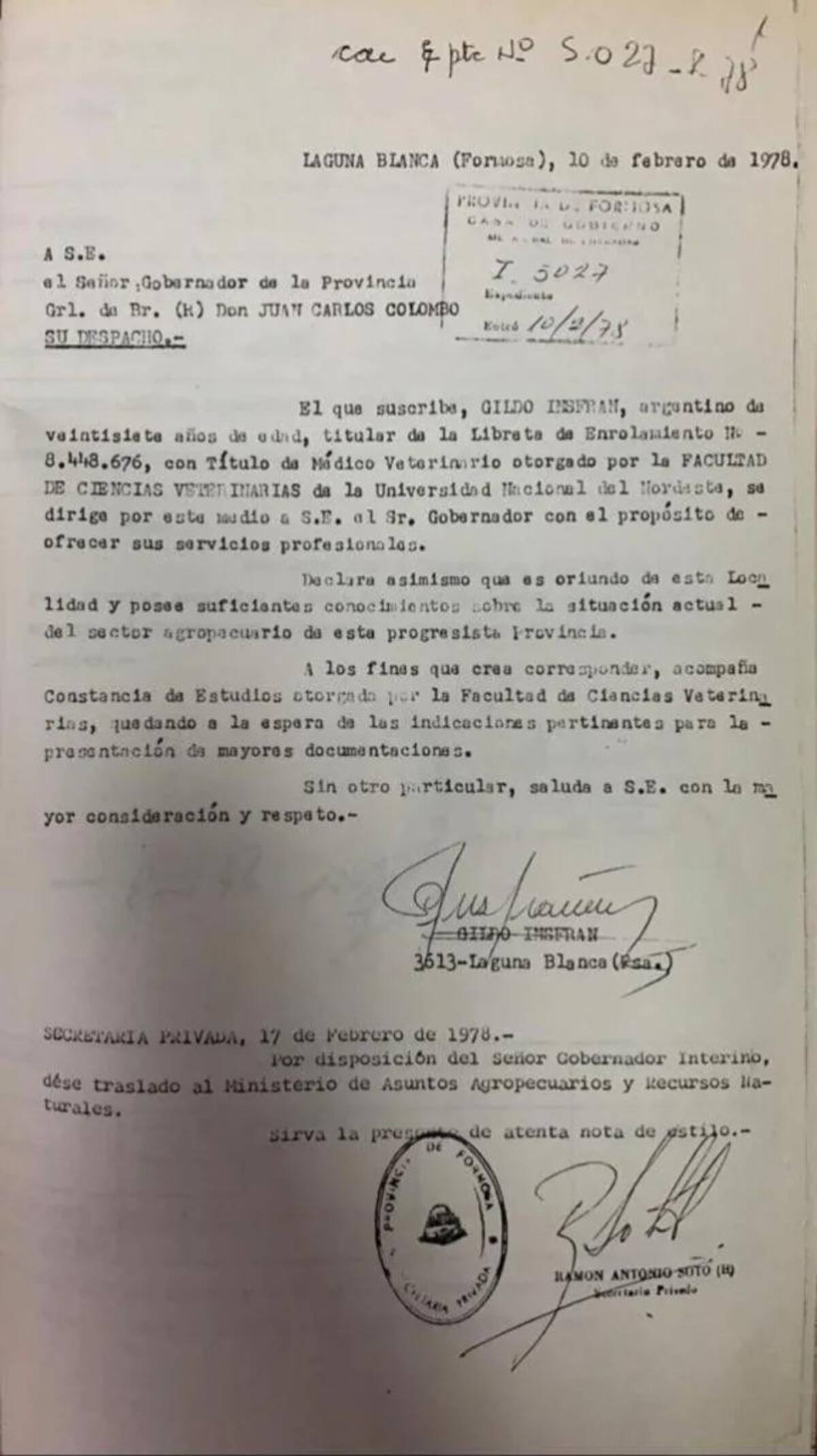Gildo Insfrán, trabajó en el Ministerio de Asuntos Agrarios durante la última dictadura