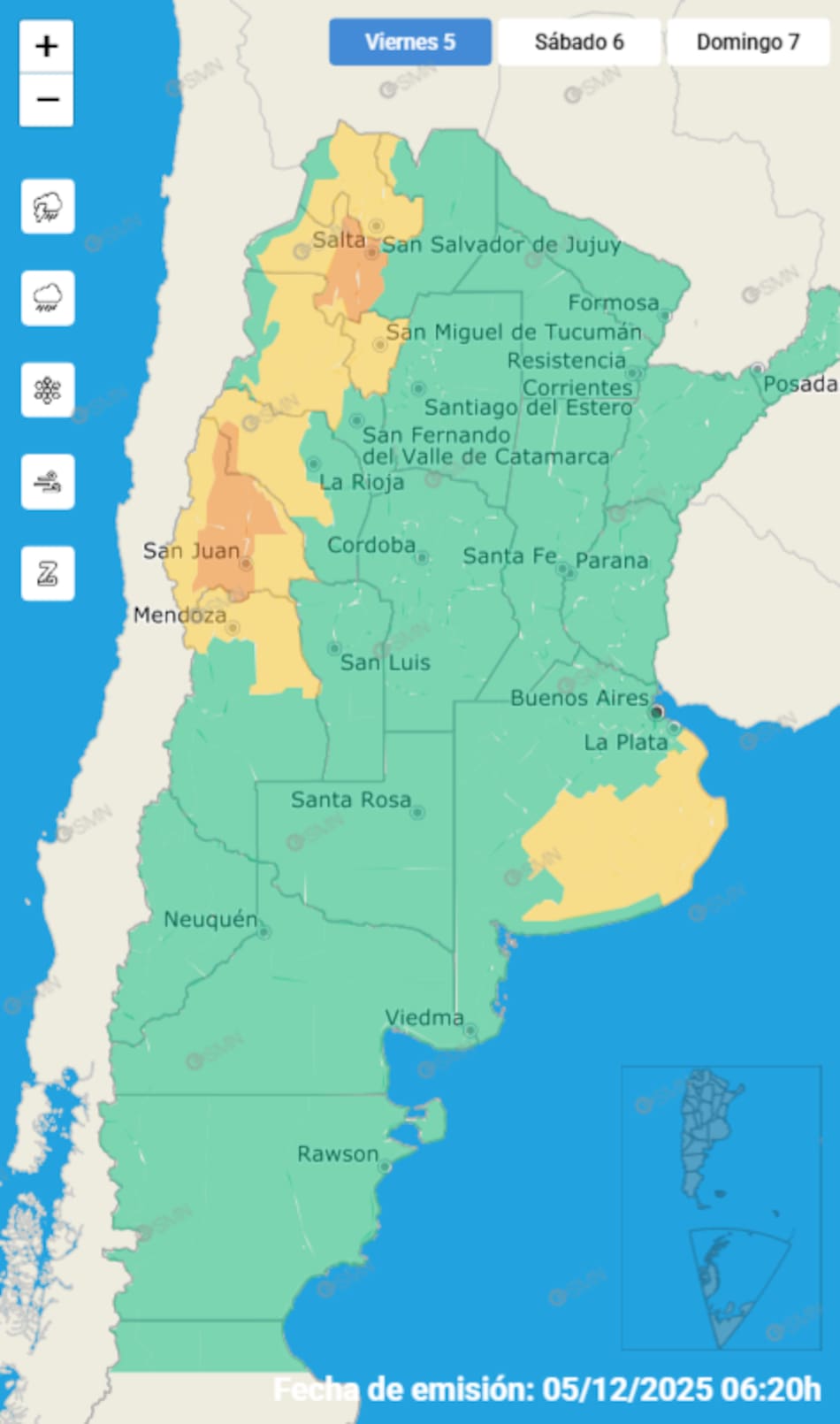 El mapa de las tormentas este viernes 5 de diciembre en Argentina.