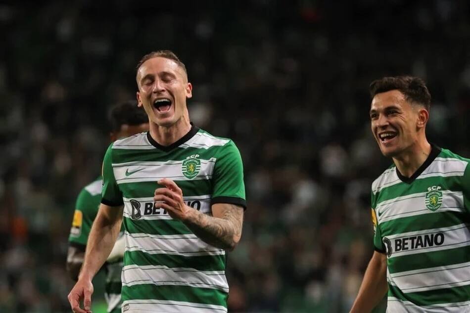 Festejo de Nuno Santos en el Sporting–Boavista, gol nominado al Premio Puskas 2023.