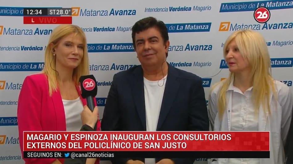 Verónica Magario y Fernando Espinoza, La Matanza, inauguración consultorios externos Policlínico de San Justo, móvil con Canal 26
