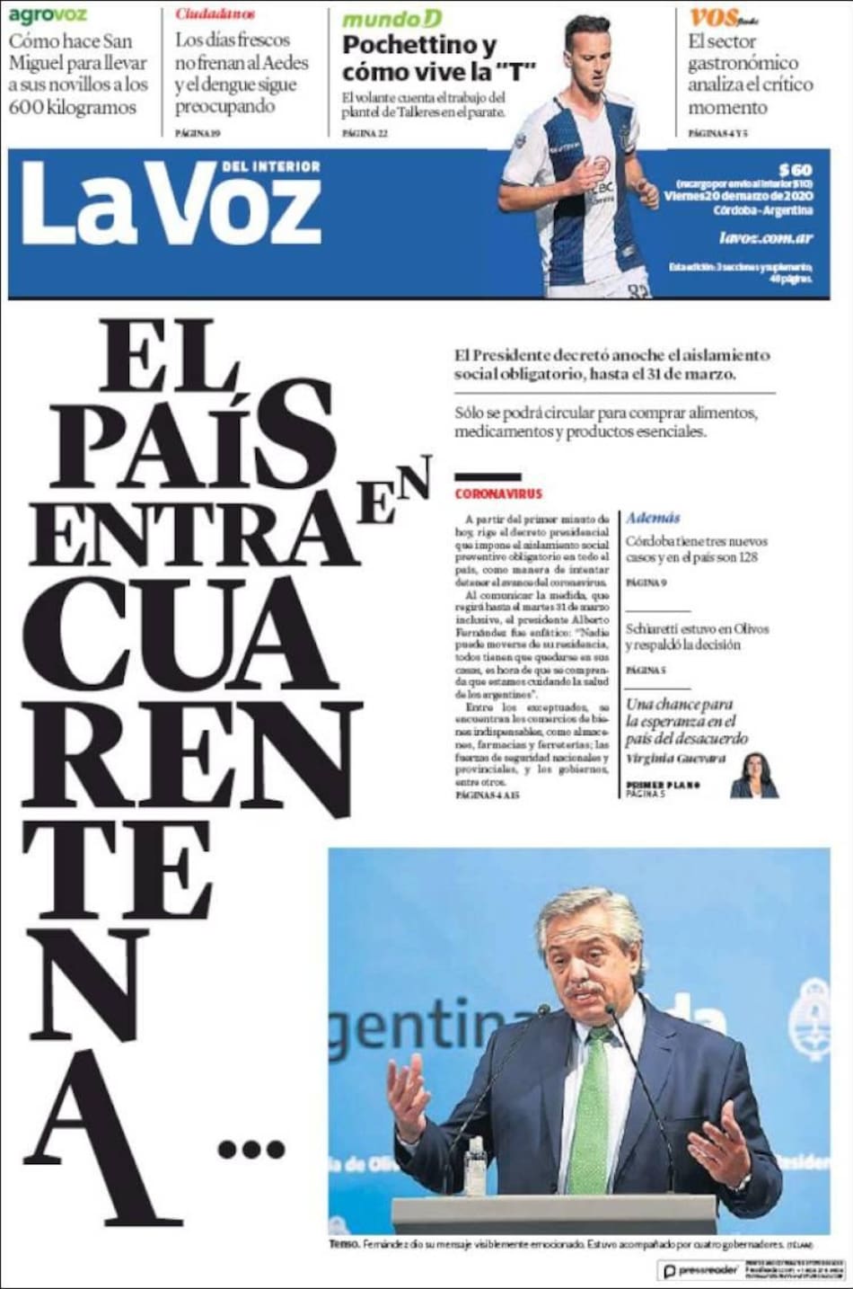 Tapas diarios, La Voz, viernes 20 de marzo de 2020