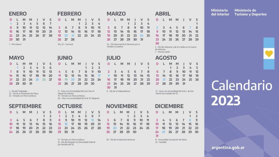 Calendario de feriados 2023. Foto Ministerio del Interior argentina.gob.ar.