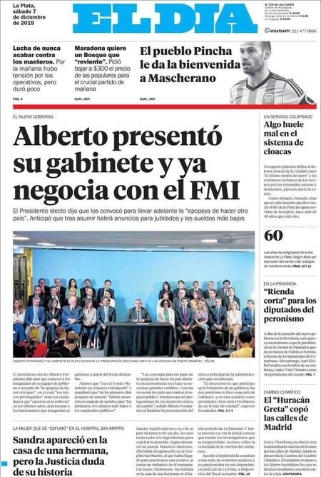 Tapas de diarios, El Día, sábado 7 de diciembre de 2019