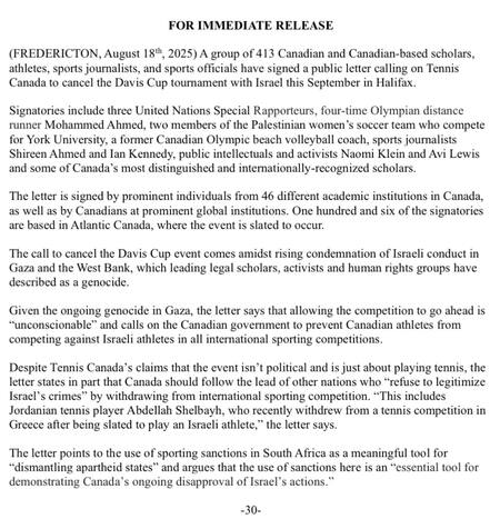 Carta de deportistas canadienses para suspender la serie de Davis ante Israel.
