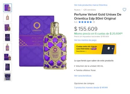 Perfume árabe "Velvet Gold Orientica Premium". Foto: MercadoLibre.