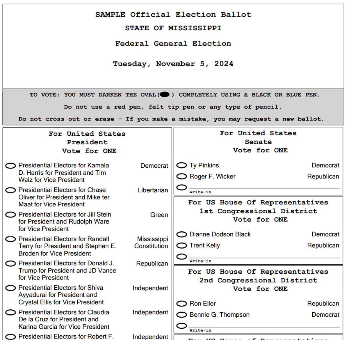 Boleta electoral de Mississippi, Estados Unidos.