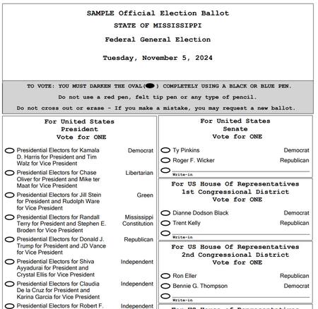 Boleta electoral de Mississippi, Estados Unidos.