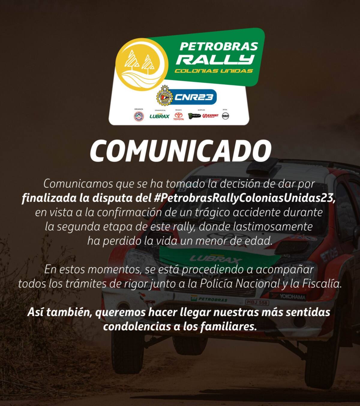 Suspensión de la fecha de rally. Foto: Twitter @rallypy.