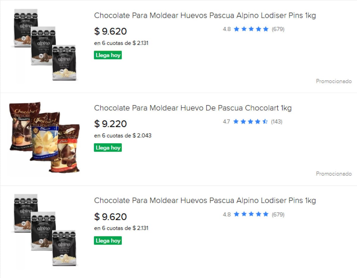 Chocolate para hacer huevos de pascua. Foto: Mercado Libre.