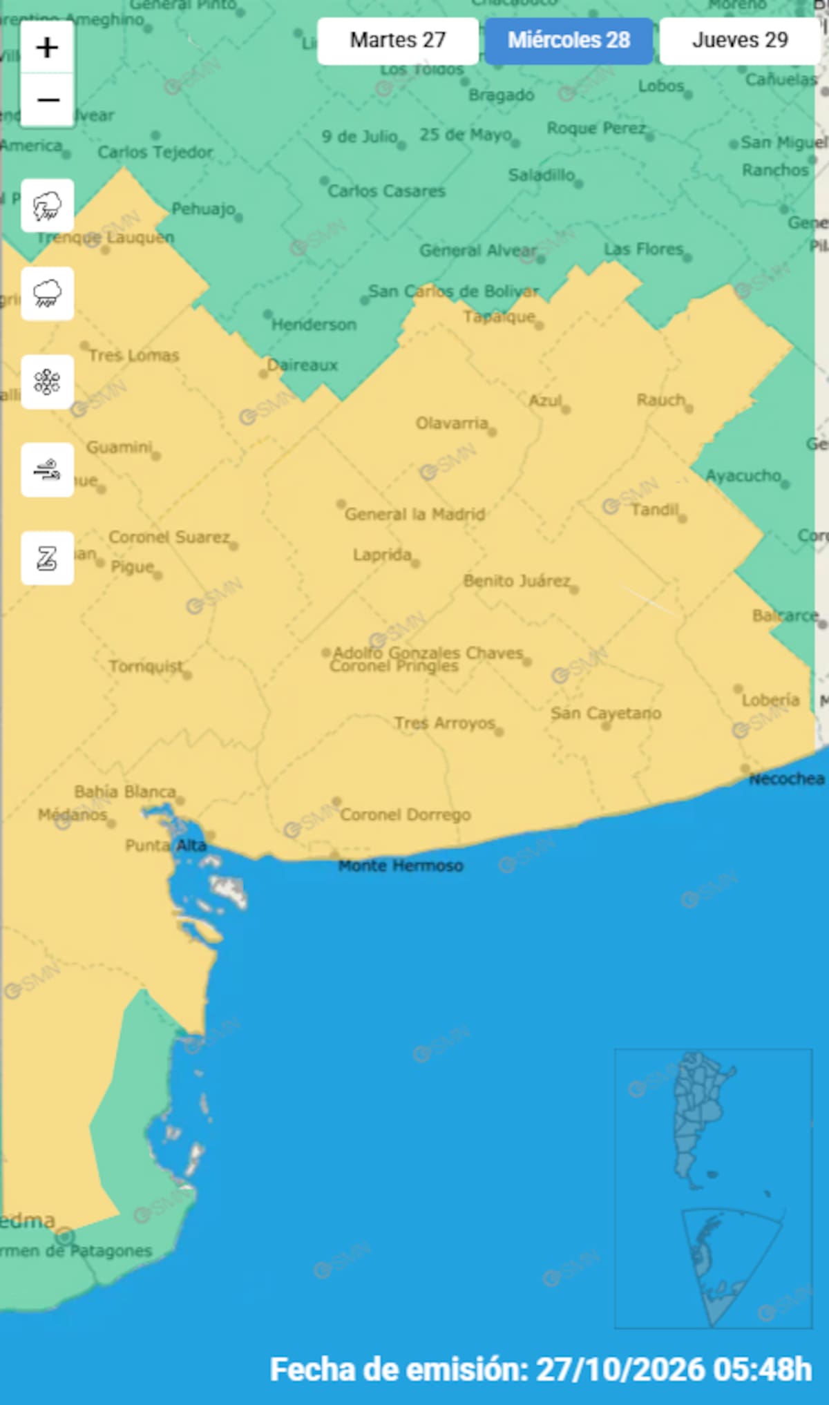 Mapa de alertas para Buenos Aires este miércoles 28.