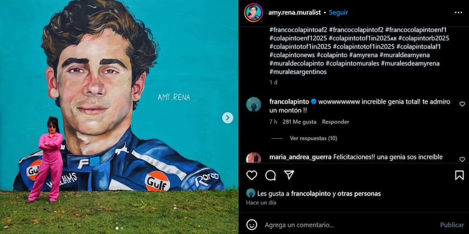 La reacción de Franco Colapinto a su mural. Foto: captura Instagram