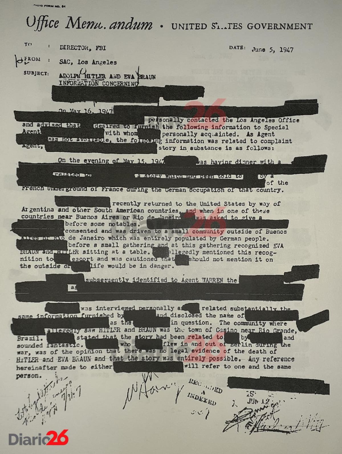 Adolf Hitler en Brasil, Hotel Atlántico, Cassino, documento desclasificado del FBI de 1947 - 01