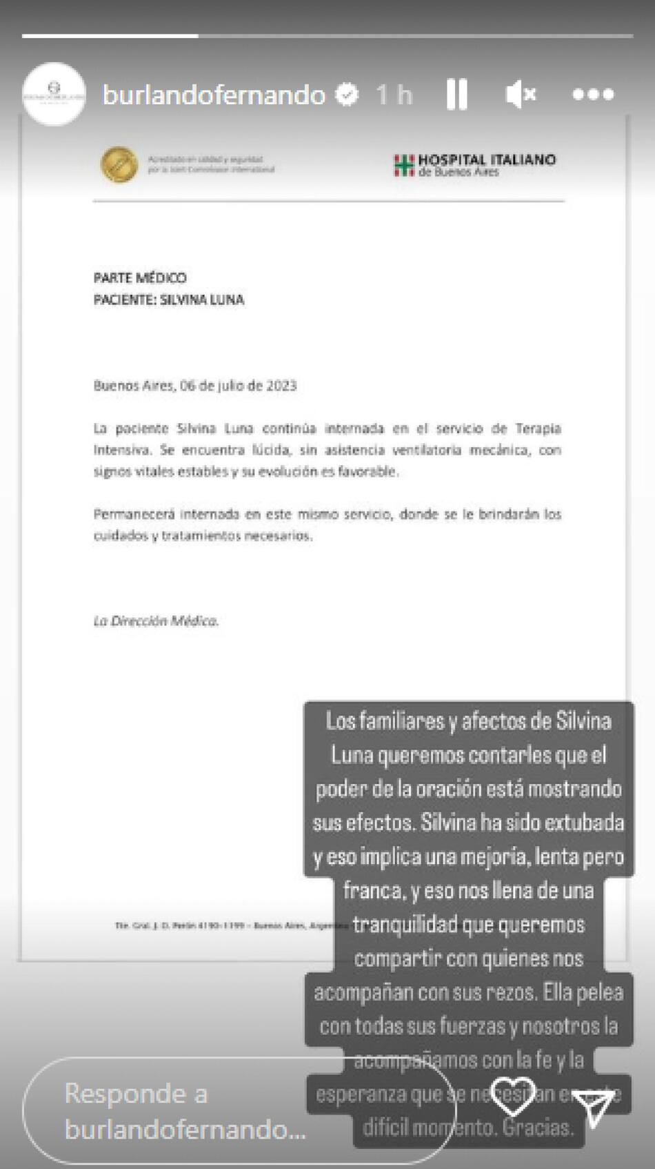 Historia de Instagram de Fernando Burlando sobre el parte médico de Silvina Luna