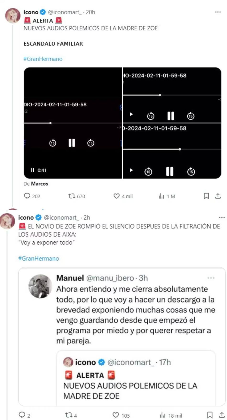 Se filtraron audios de la mama de Zoe y la pareja de la participante reaccionó. Foto: X.