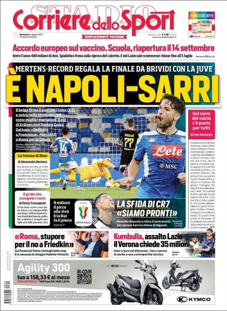 Tapa de diarios, Corriere dello sport, domingo 14 de junio de 2020