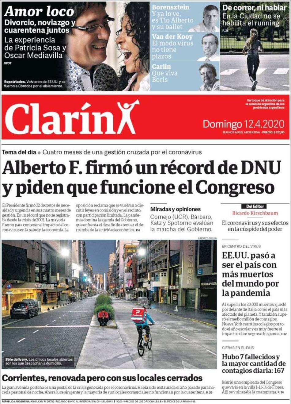 Tapa de diarios, Clarin, domingo 12 de abril de 2020|