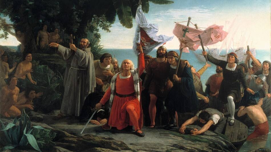 Pintura que ilustra la llegada de Cristóbal Colón a América