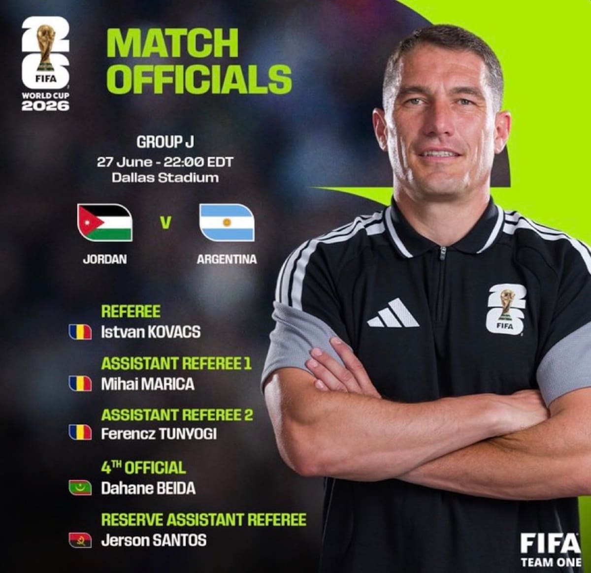 István Kovács, árbitro de Argentina - Jordania en el Mundial 2026.