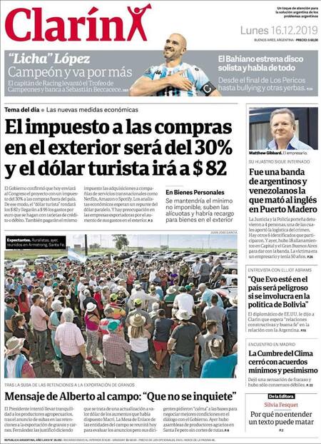 Tapas de diarios, Clarín lunes 16-12-19