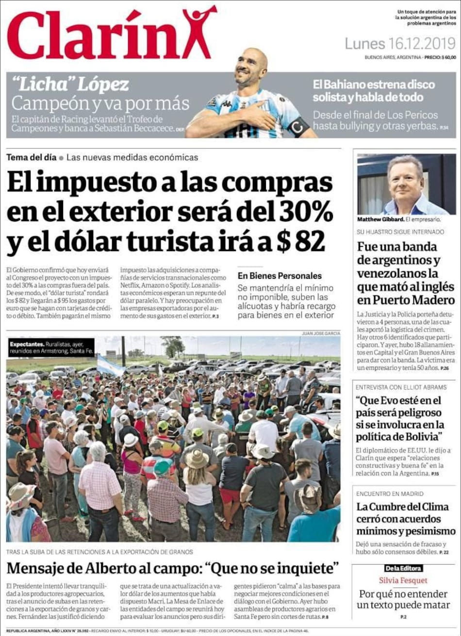 Tapas de diarios, Clarín lunes 16-12-19
