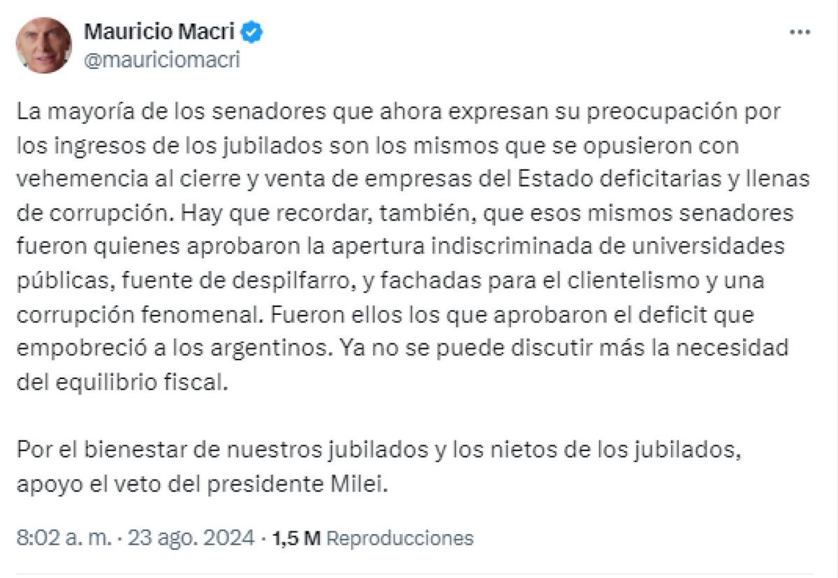 El comunicado de Mauricio Macri en apoyo a Javier Milei por el veto al aumento de jubilaciones. Foto: X.